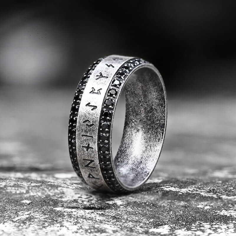Viking Runes Gem-set Stainless Steel Band Ring | Gthic.com