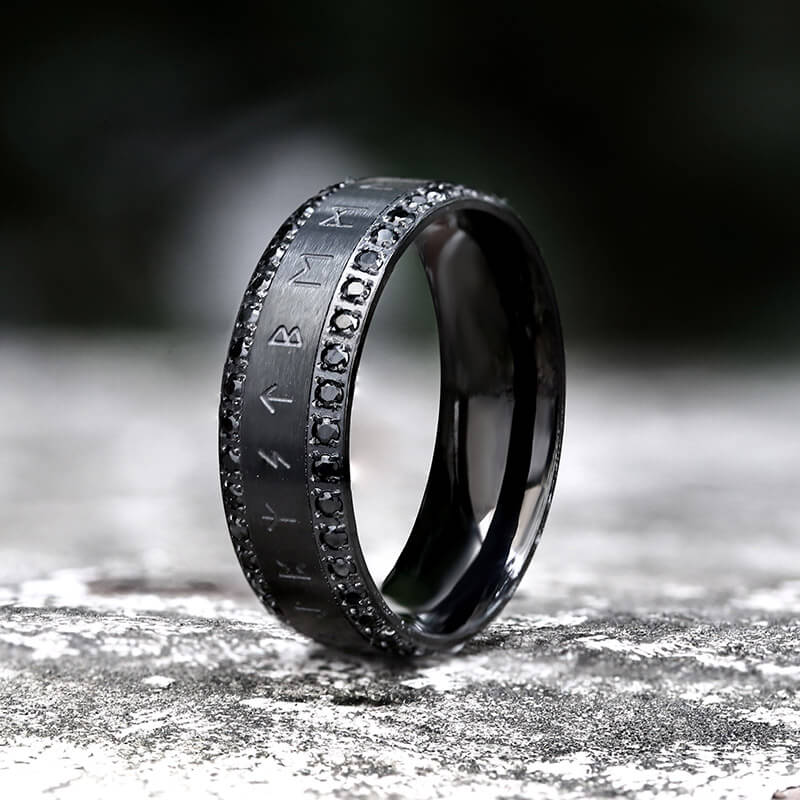 Viking Runes Gem-set Stainless Steel Band Ring | Gthic.com