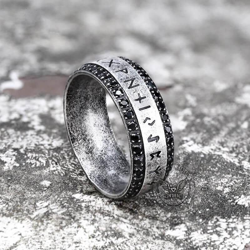 Viking Runes Gem-set Stainless Steel Band Ring