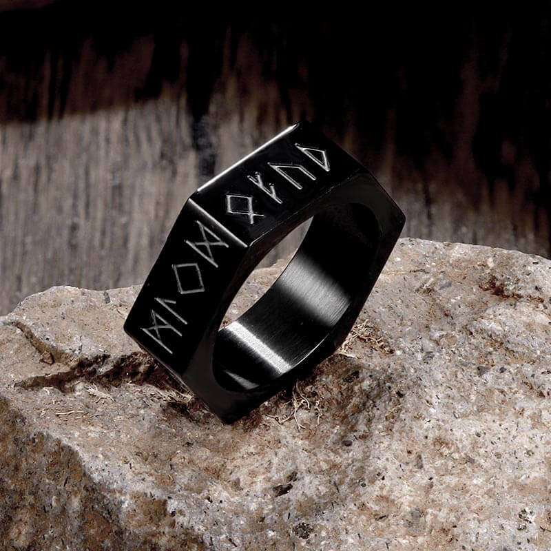 Viking Runes Hexagon Stainless Steel Geometric Ring 03 black | Gthic.com