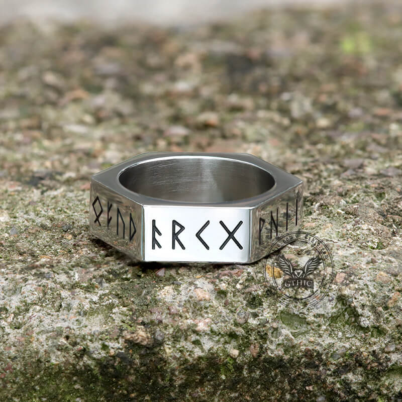 Viking Runes Hexagon Stainless Steel Geometric Ring