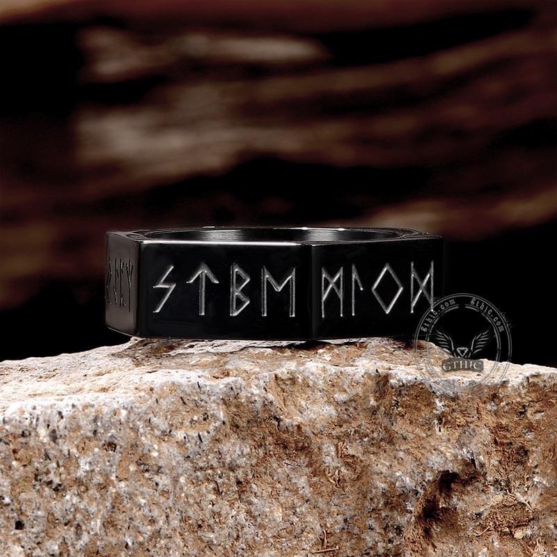 Viking Runes Hexagon Stainless Steel Geometric Ring 10 black | Gthic.com