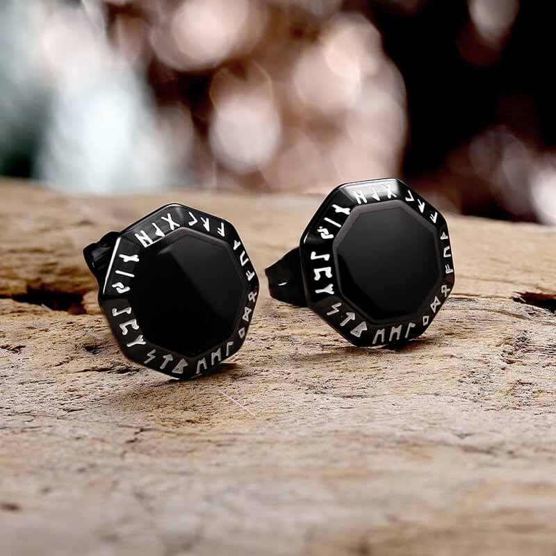 Viking Runes Octagon Stainless Steel Stud Earrings | Gthic.com