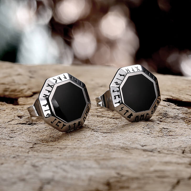 Viking Runes Octagon Stainless Steel Stud Earrings | Gthic.com