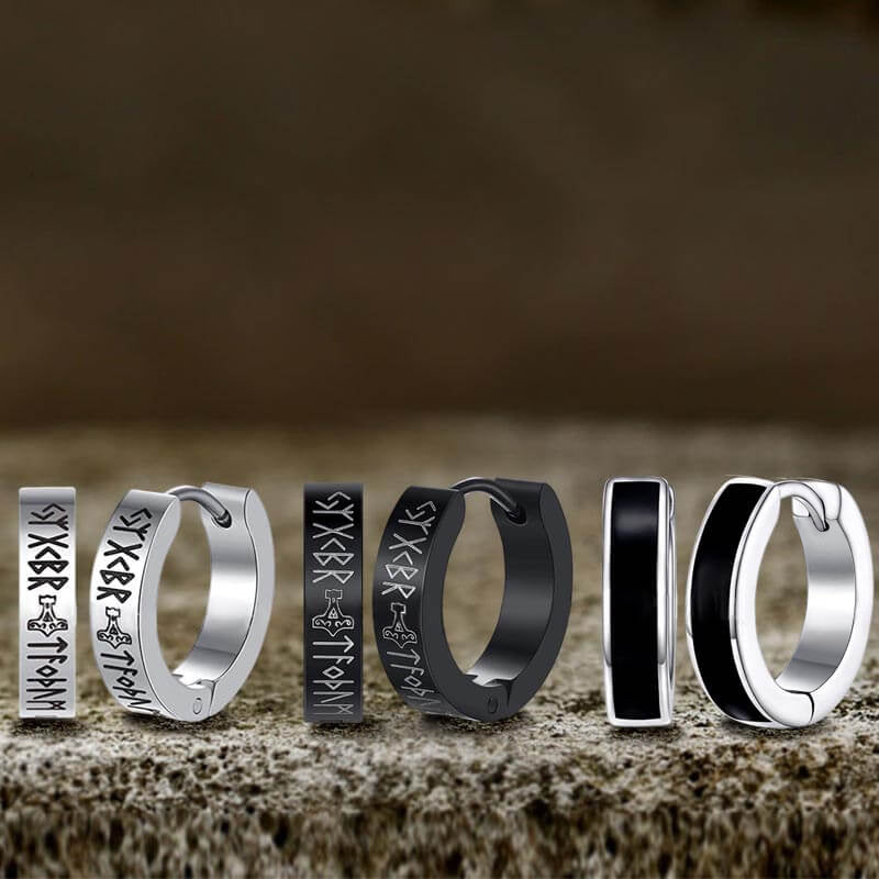 Viking Runes Stainless Steel Huggie Earrings | Gthic.com