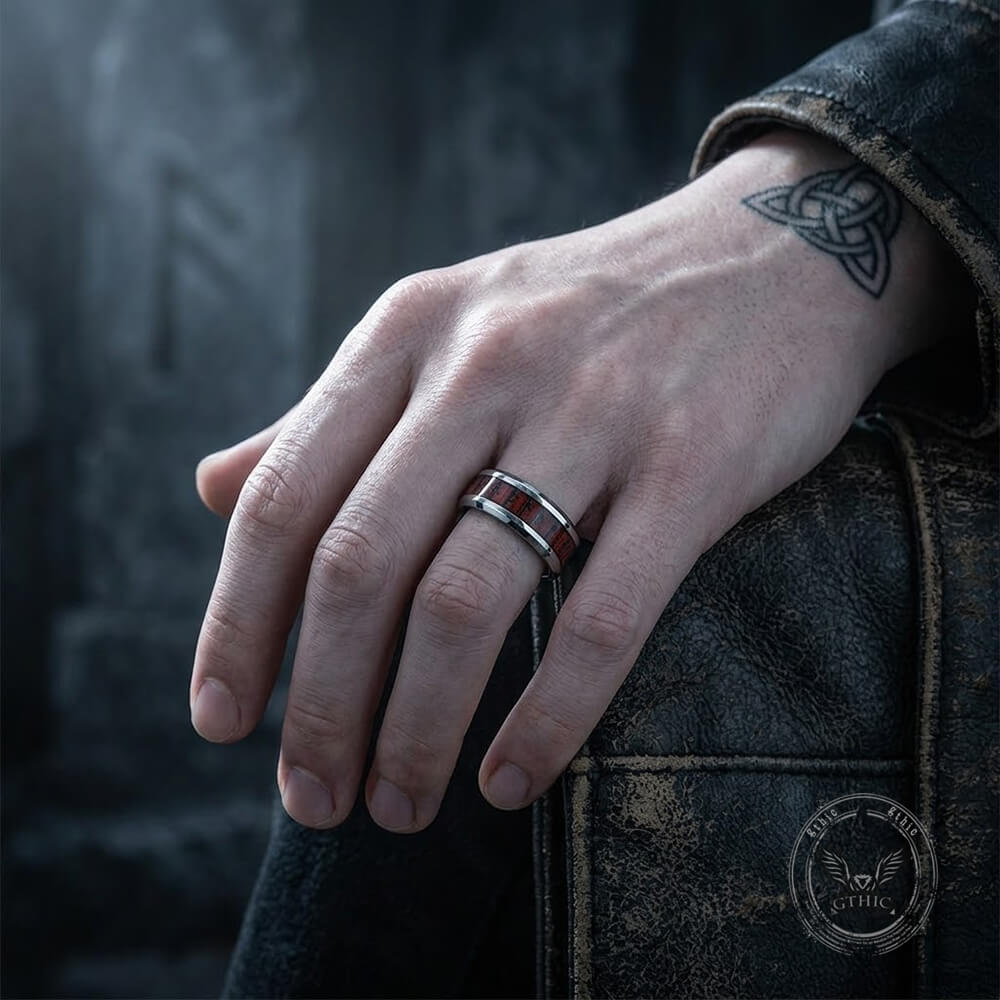Viking Runes Stainless Steel Wood Inlay Band Ring | Gthic.com