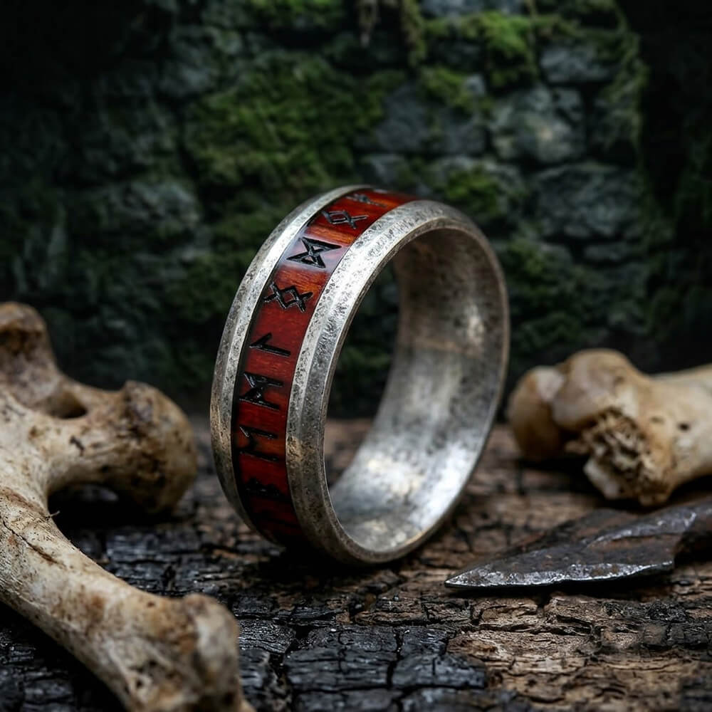 Viking Runes Stainless Steel Wood Inlay Band Ring