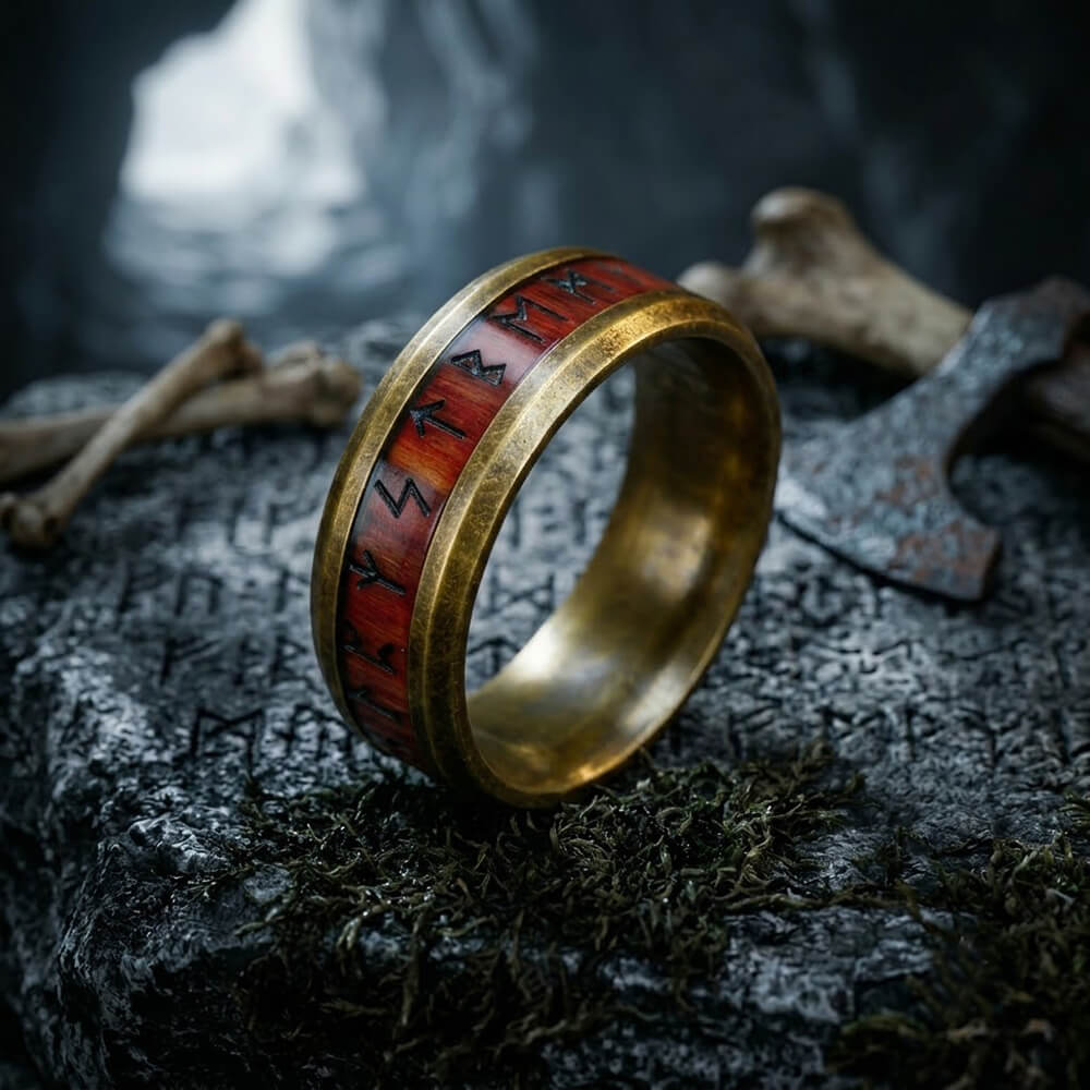 Viking Runes Stainless Steel Wood Inlay Band Ring