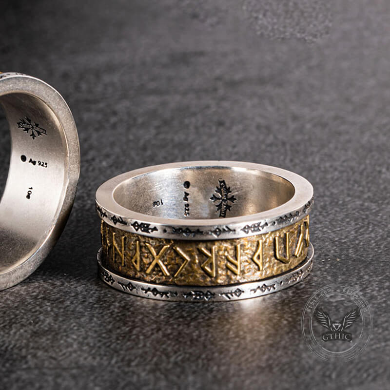 Viking Runes Sterling Silver Inlaid Brass Ring | Gthic.com