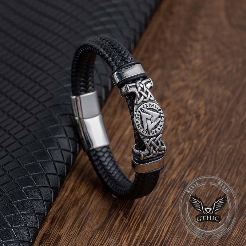 Viking Runes Valknut Stainless Steel Leather Bracelet 01 | Gthic.com