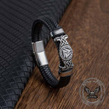 Viking Runes Valknut Stainless Steel Leather Bracelet 01 | Gthic.com