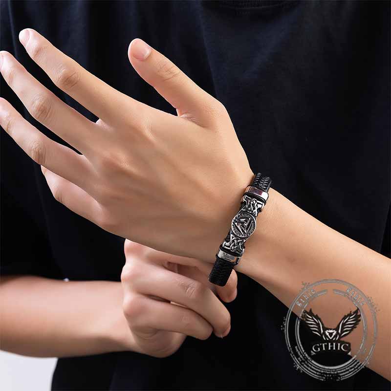 Viking Runes Valknut Stainless Steel Leather Bracelet 02 | Gthic.com