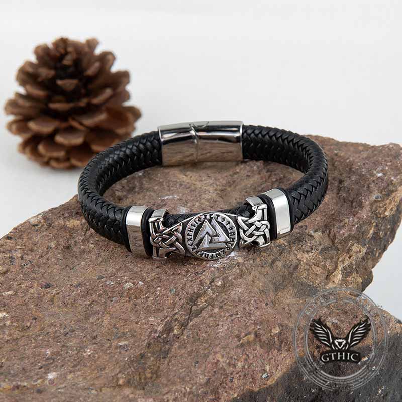 Viking Runes Valknut Stainless Steel Leather Bracelet 03 | Gthic.com