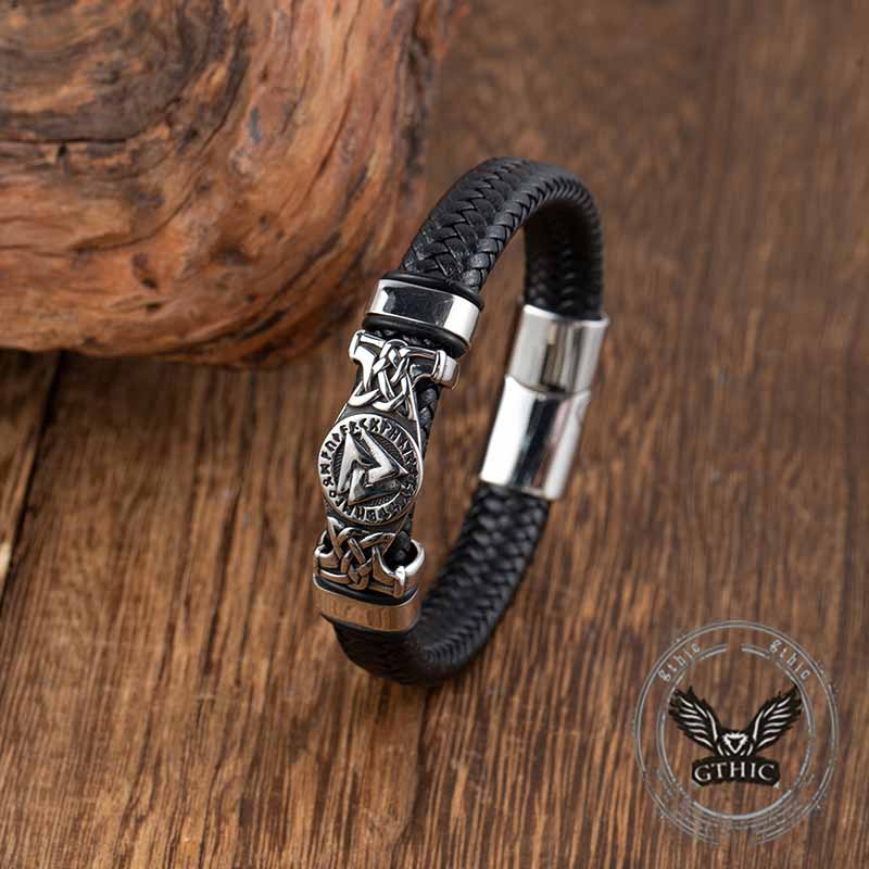 Viking Runes Valknut Stainless Steel Leather Bracelet