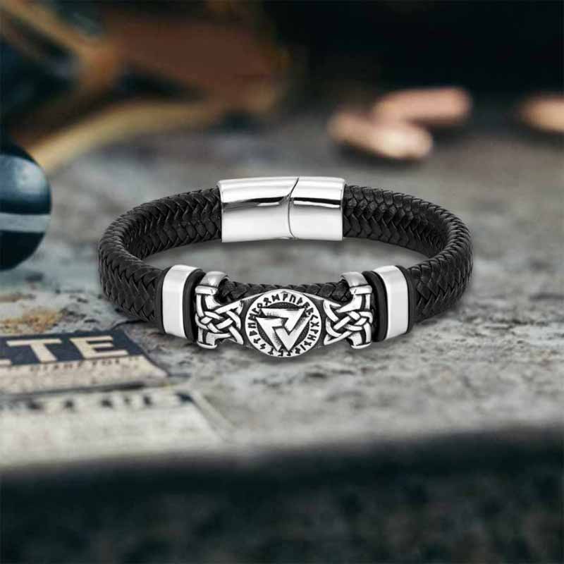 Viking Runes Valknut Stainless Steel Leather Bracelet