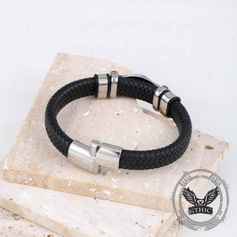 Viking Runes Valknut Stainless Steel Leather Bracelet