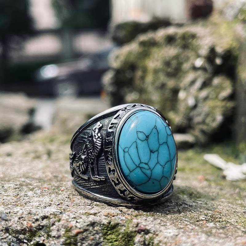 Viking Runes Wolf and Raven Stainless Steel Ring | Gthic.com