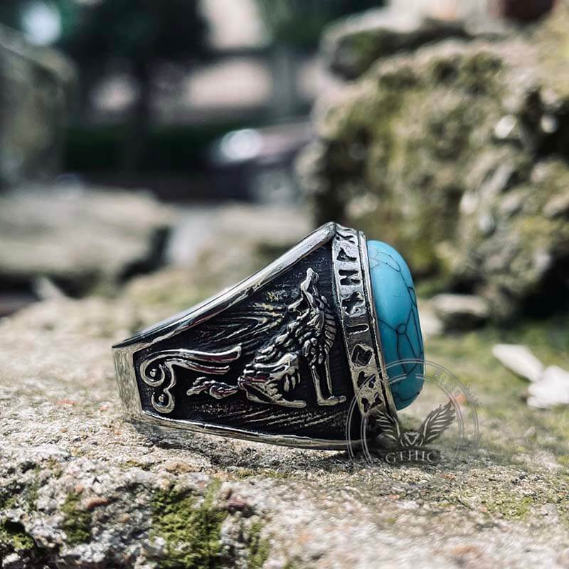 Viking Runes Wolf and Raven Stainless Steel Ring | Gthic.com