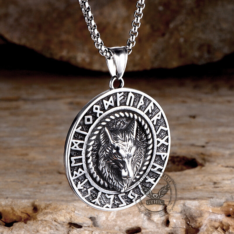 Viking Runes Wolf Head Stainless Steel Necklace