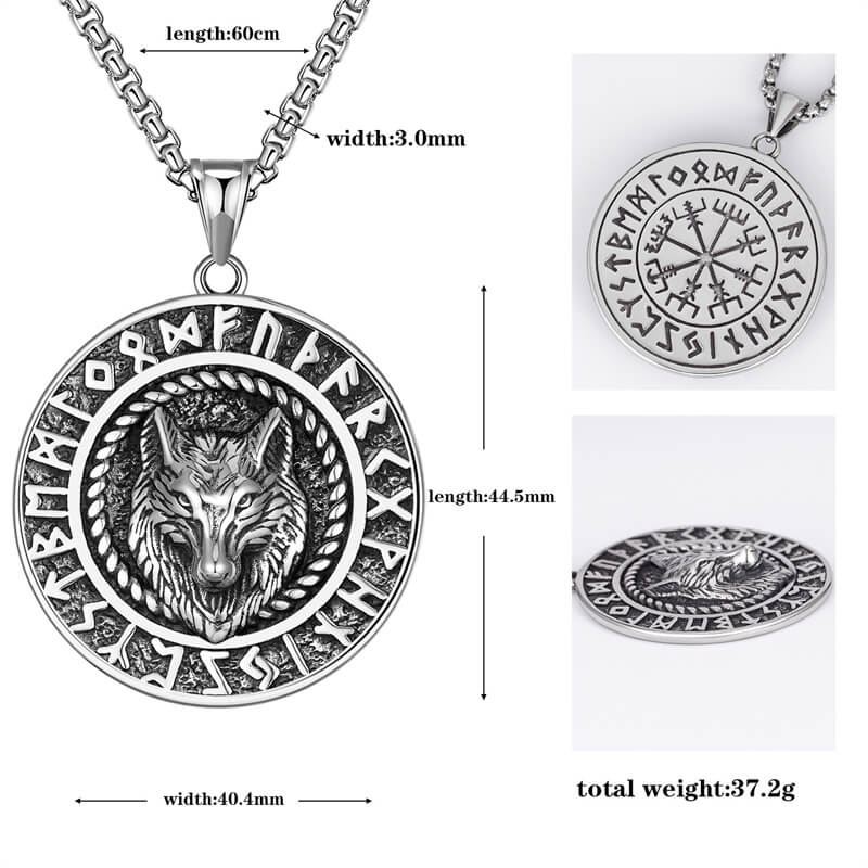 Viking Runes Wolf Head Stainless Steel Necklace