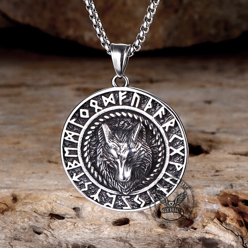 Viking Runes Wolf Head Stainless Steel Necklace