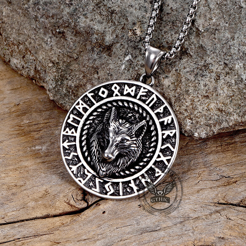 Viking Runes Wolf Head Stainless Steel Necklace