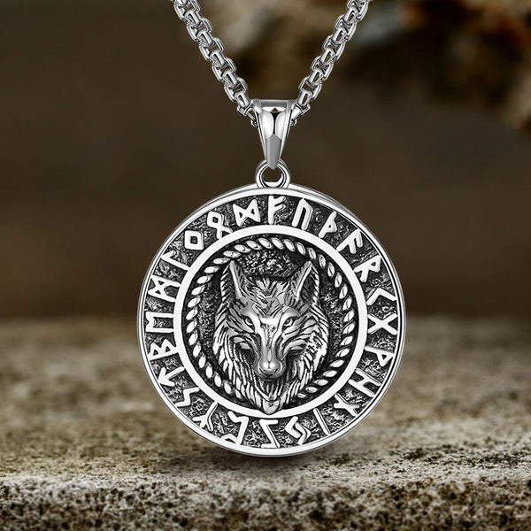 Viking Runes Wolf Head Stainless Steel Necklace | Gthic.com