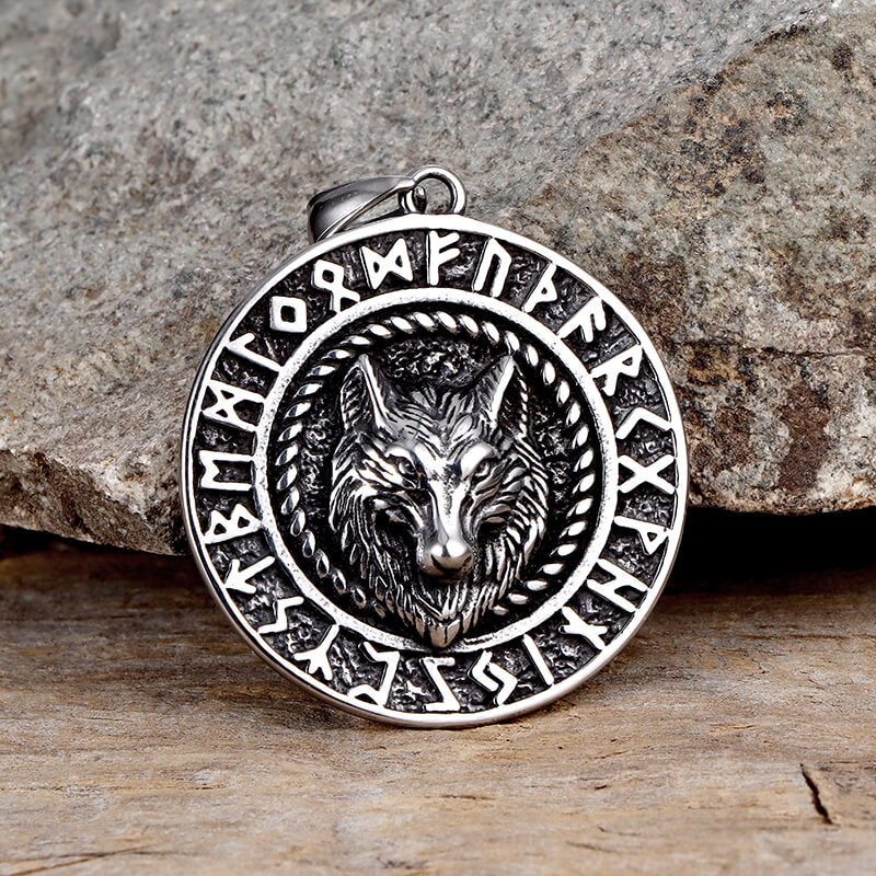 Viking Runes Wolf Head Stainless Steel Necklace