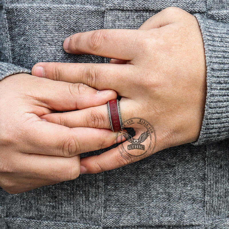 Viking Runes Wood Stainless Steel Spinner Ring | Gthic.com