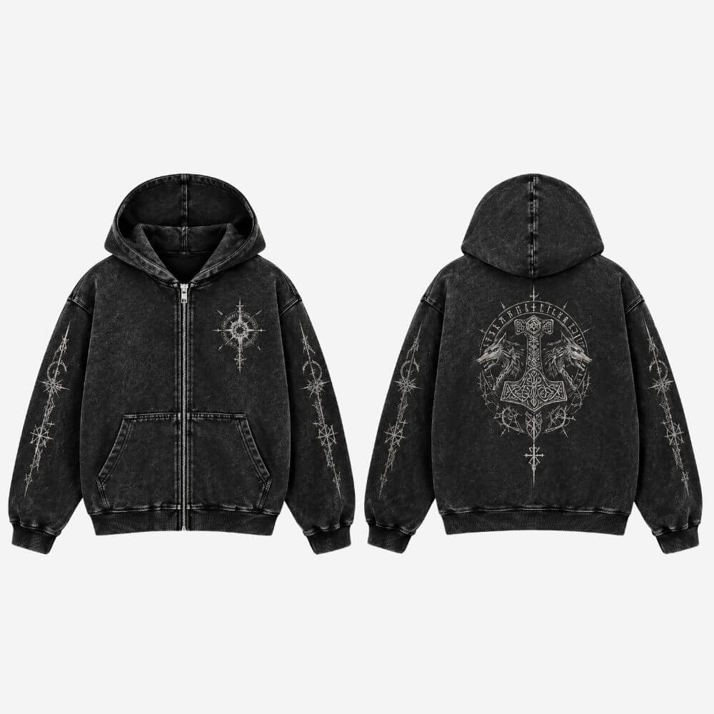 Viking Thor Hammer Wolf Vintage Washed Zip-Up Hooded Jacket | Gthic.com