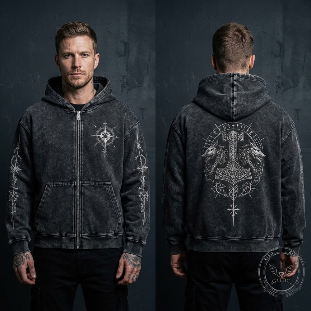 Viking Thor Hammer Wolf Vintage Washed Zip-Up Hooded Jacket | Gthic.com