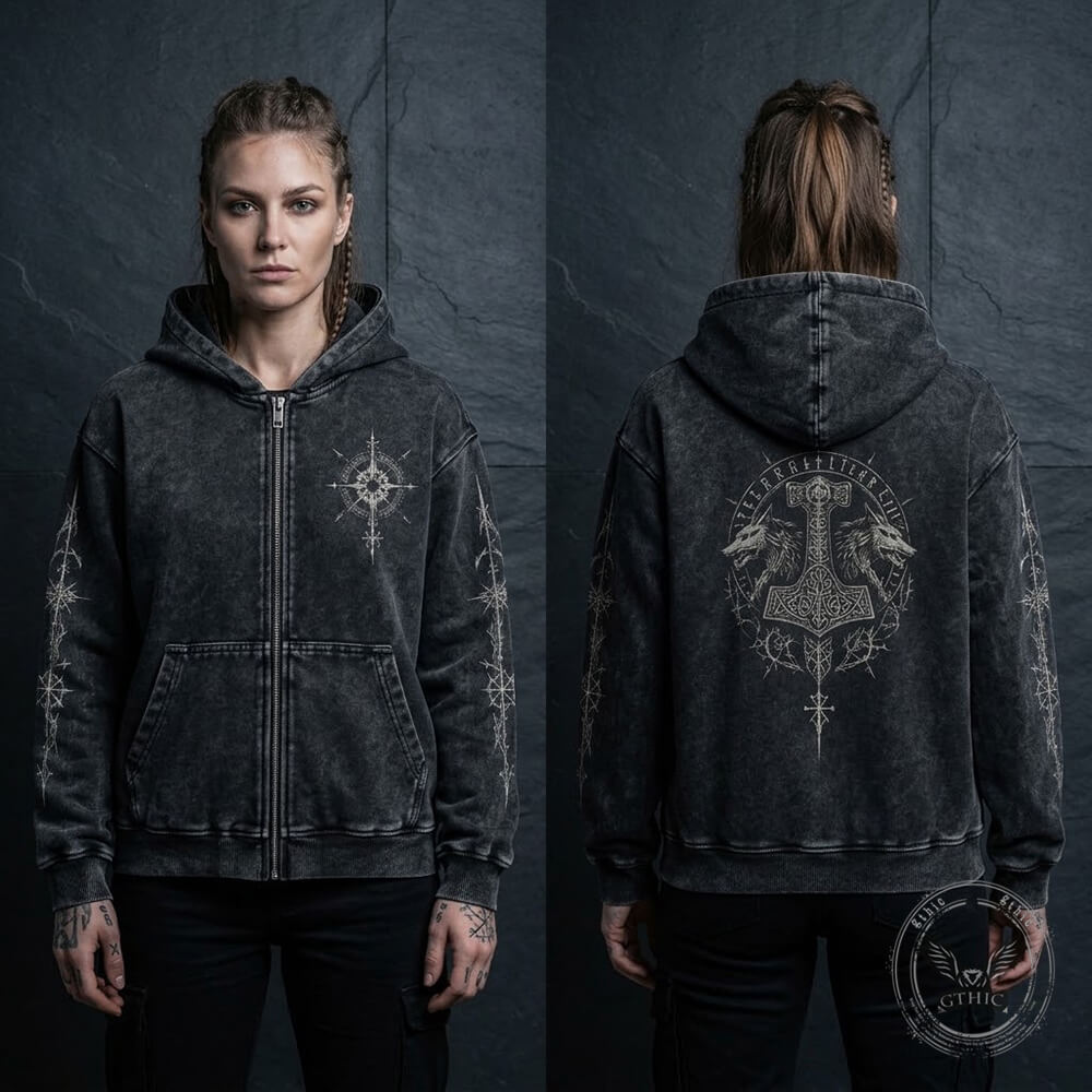 Viking Thor Hammer Wolf Vintage Washed Zip-Up Hooded Jacket | Gthic.com