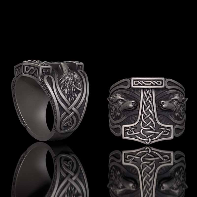 Viking Thor's Hammer Double Wolves Sterling Silver Ring | Gthic.com
