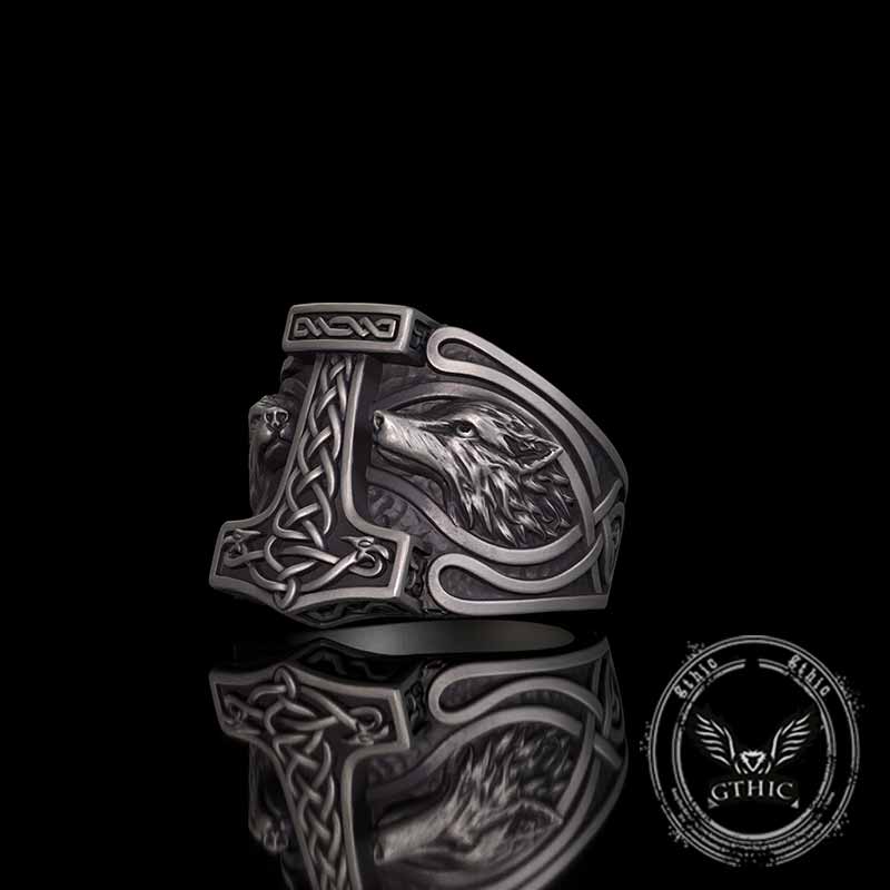 Viking Thor's Hammer Double Wolves Sterling Silver Ring | Gthic.com