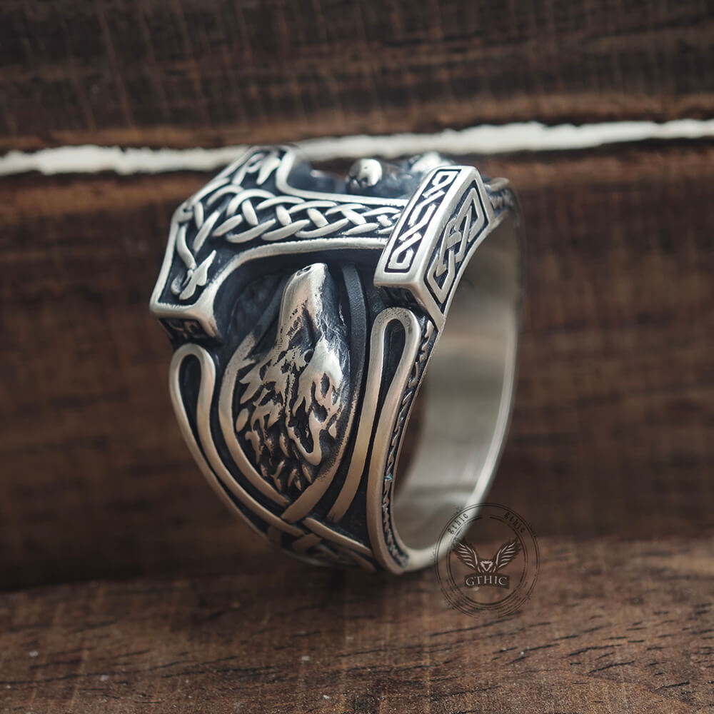 Viking Thor's Hammer Double Wolves Sterling Silver Ring