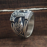Viking Thor's Hammer Double Wolves Sterling Silver Ring