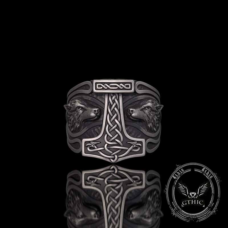 Viking Thor's Hammer Double Wolves Sterling Silver Ring | Gthic.com