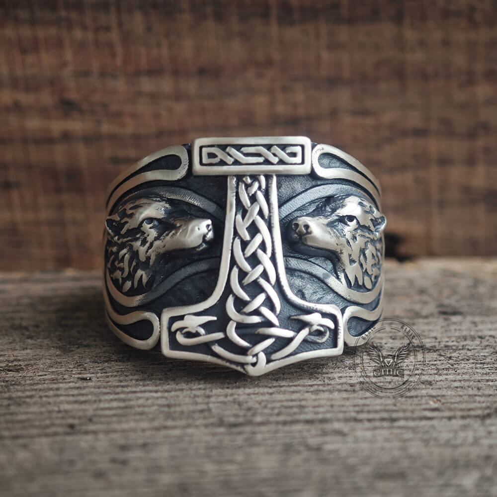 Viking Thor's Hammer Double Wolves Sterling Silver Ring | Gthic.com