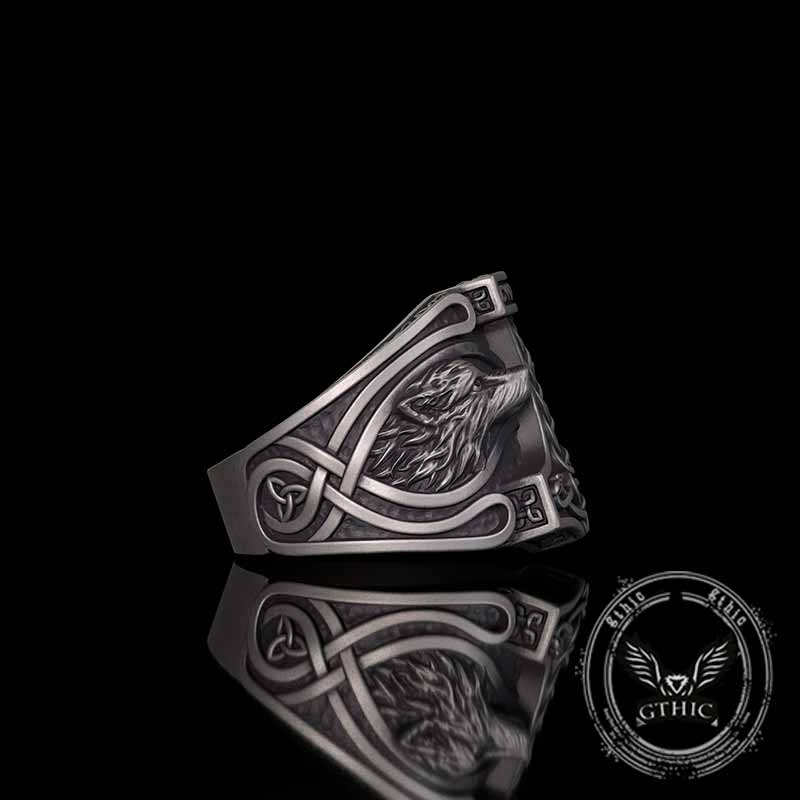 Viking Thor's Hammer Double Wolves Sterling Silver Ring | Gthic.com