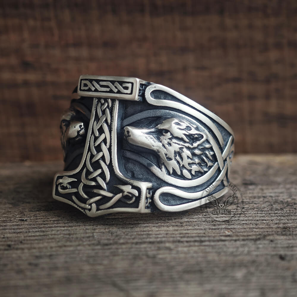 Viking Thor's Hammer Double Wolves Sterling Silver Ring | Gthic.com