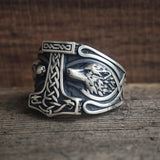 Viking Thor's Hammer Double Wolves Sterling Silver Ring | Gthic.com