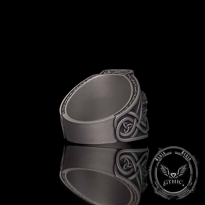 Viking Thor's Hammer Double Wolves Sterling Silver Ring