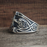 Viking Thor's Hammer Double Wolves Sterling Silver Ring
