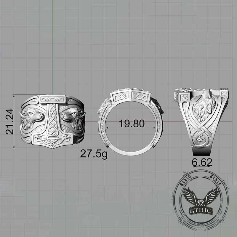 Viking Thor's Hammer Double Wolves Sterling Silver Ring