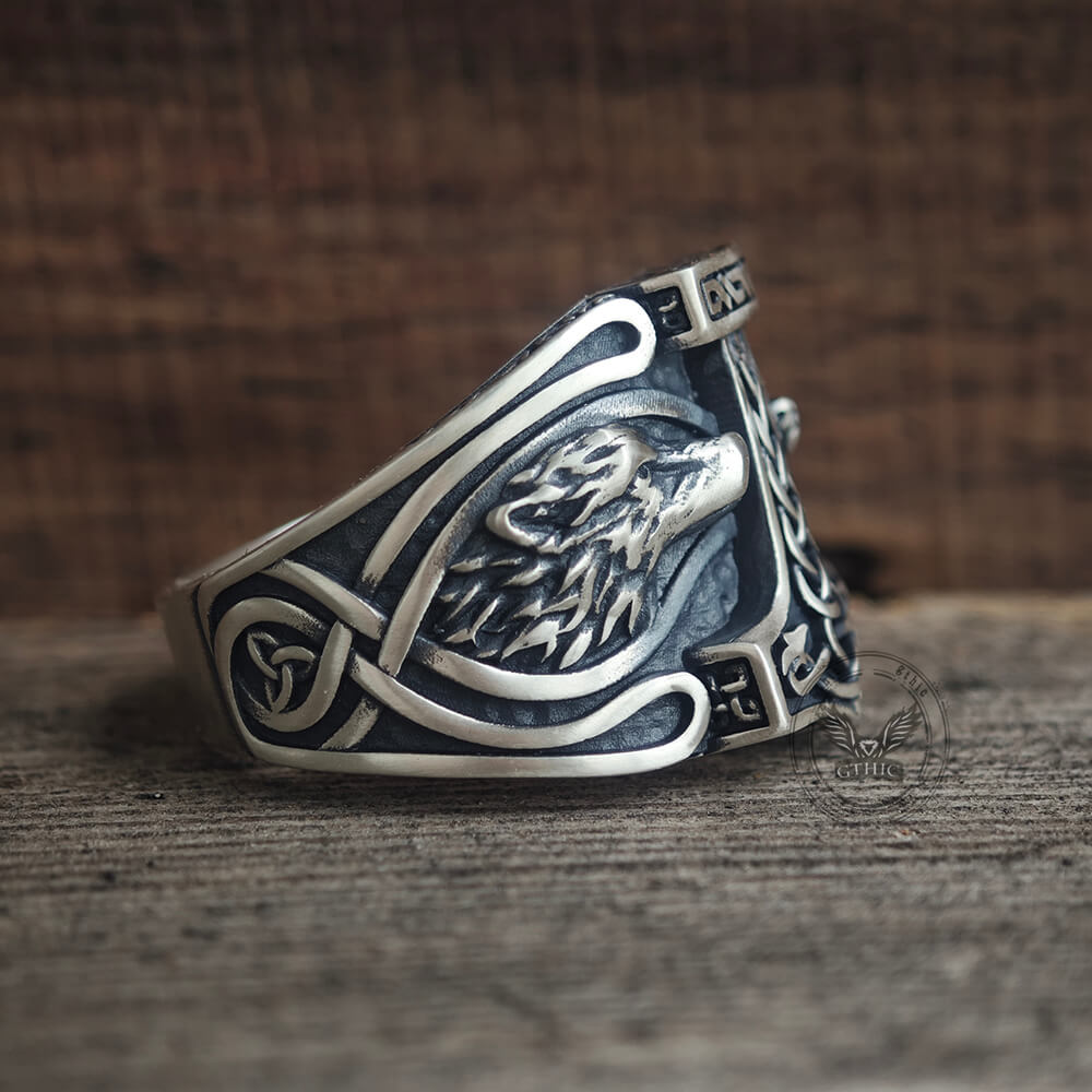 Viking Thor's Hammer Double Wolves Sterling Silver Ring