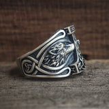 Viking Thor's Hammer Double Wolves Sterling Silver Ring