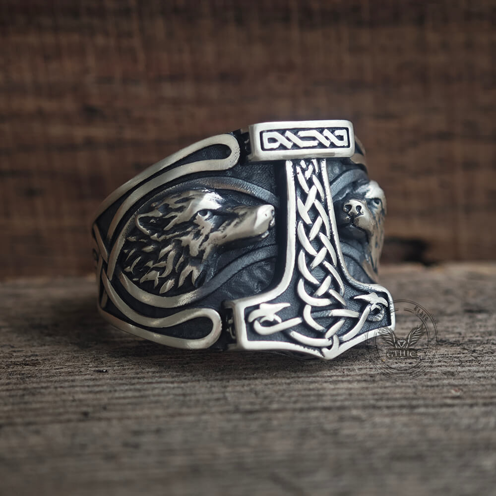 Viking Thor's Hammer Double Wolves Sterling Silver Ring | Gthic.com