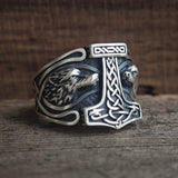 Viking Thor's Hammer Double Wolves Sterling Silver Ring | Gthic.com