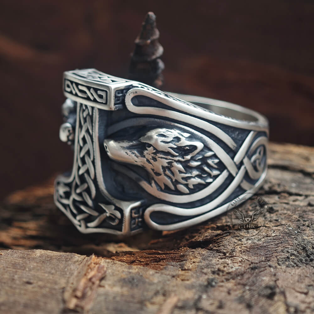 Viking Thor's Hammer Double Wolves Sterling Silver Ring | Gthic.com