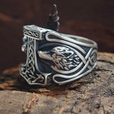 Viking Thor's Hammer Double Wolves Sterling Silver Ring | Gthic.com